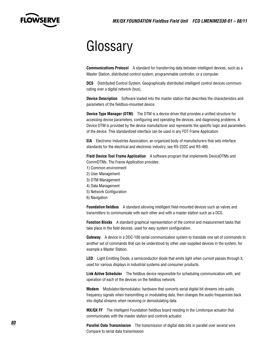 Glossary | Flowserve MX FOUNDATION Fieldbus Field Unit User Manual | Page 80 / 84