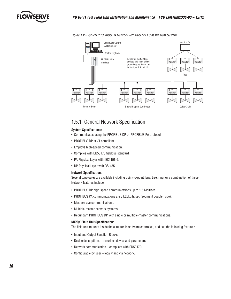1 general network specification | Flowserve MX/QX Profibus DP/PA Field Unit User Manual | Page 10 / 88