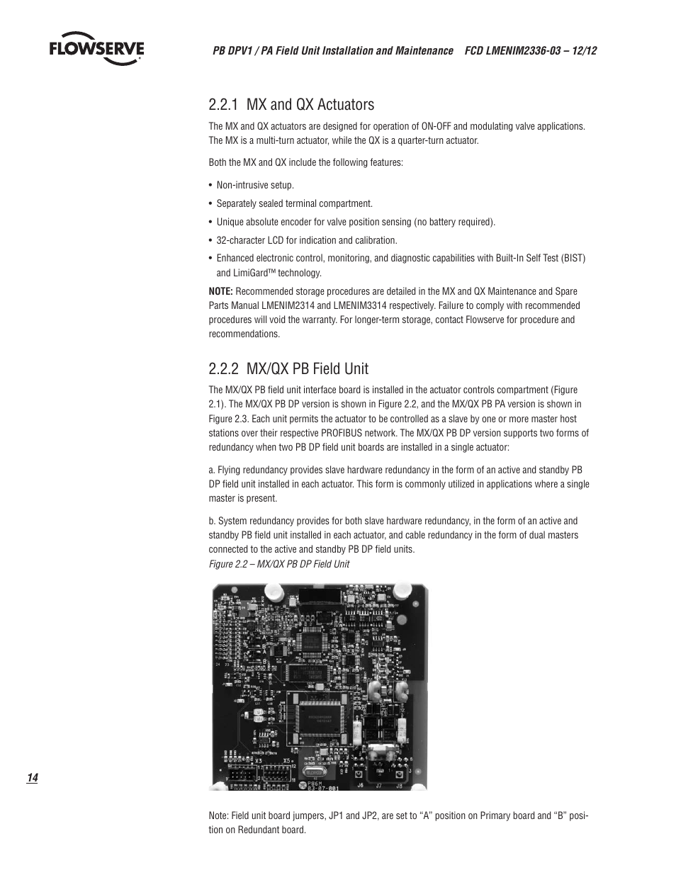 1 mx and qx actuators, 2 mx/qx pb field unit | Flowserve MX/QX Profibus DP/PA Field Unit User Manual | Page 14 / 88