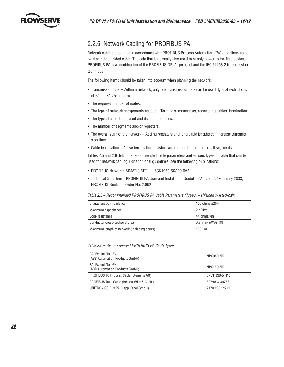 5 network cabling for profibus pa | Flowserve MX/QX Profibus DP/PA Field Unit User Manual | Page 20 / 88