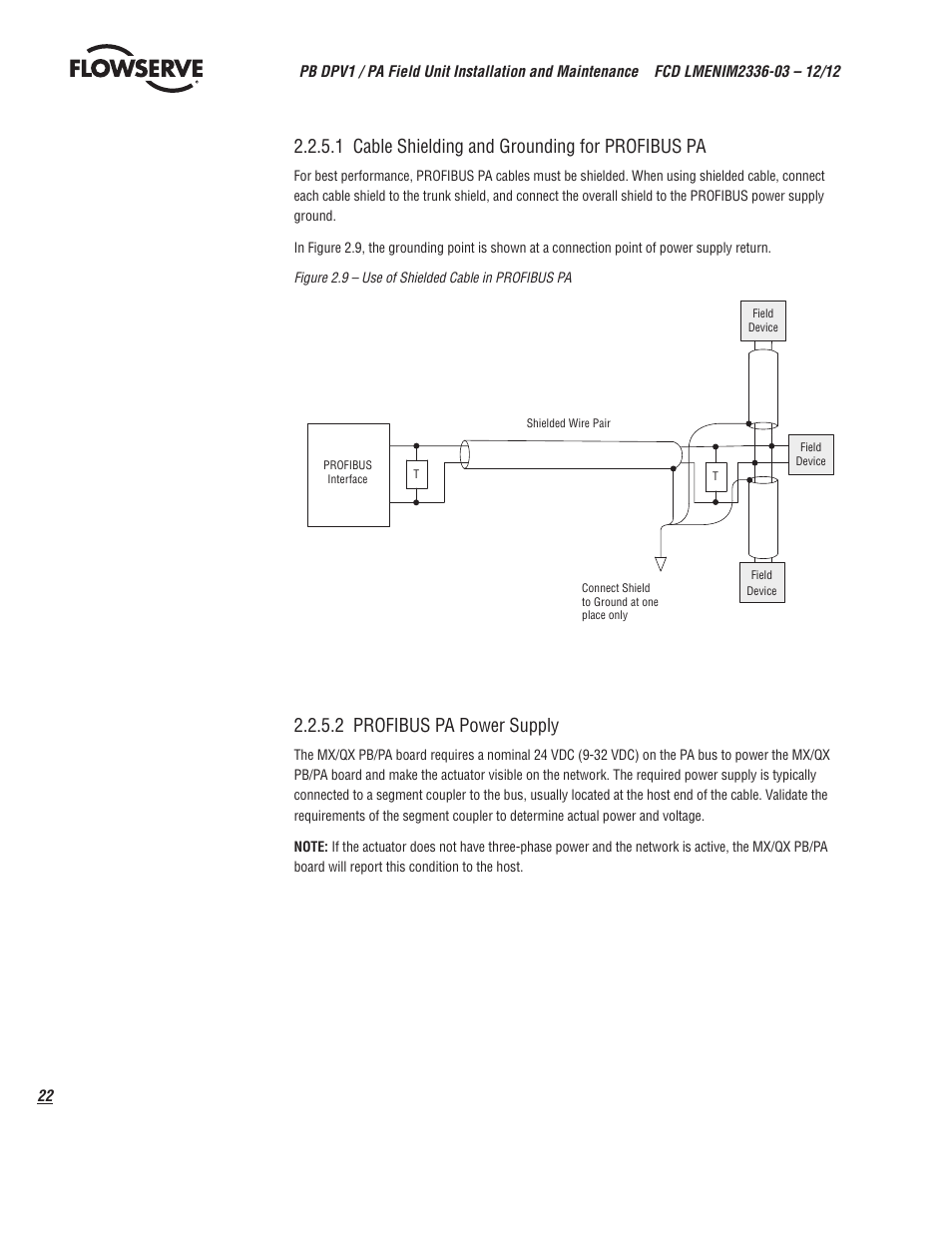 1 cable shielding and grounding for profibus pa, 2 profibus pa power supply | Flowserve MX/QX Profibus DP/PA Field Unit User Manual | Page 22 / 88