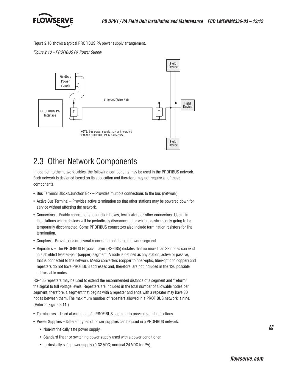3 other network components, 2 profibus pa power supply | Flowserve MX/QX Profibus DP/PA Field Unit User Manual | Page 23 / 88