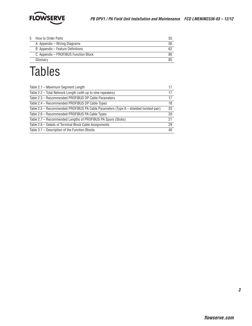 Tables | Flowserve MX/QX Profibus DP/PA Field Unit User Manual | Page 3 / 88