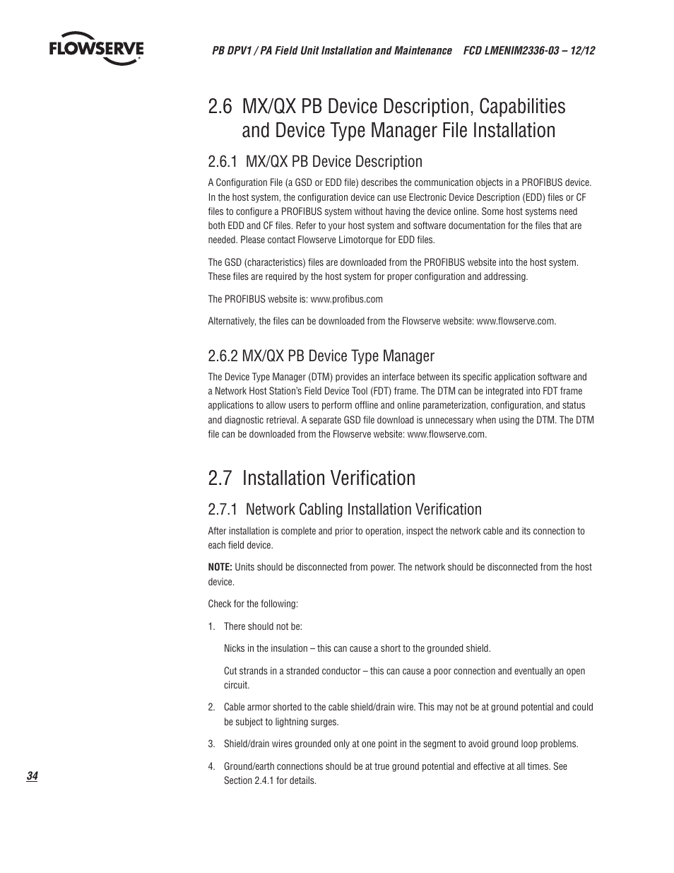 7 installation verification, 1 mx/qx pb device description, 2 mx/qx pb device type manager | 1 network cabling installation verification | Flowserve MX/QX Profibus DP/PA Field Unit User Manual | Page 34 / 88