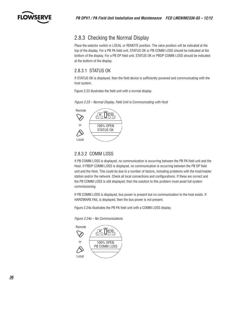 3 checking the normal display, 1 status ok, 2 comm loss | Flowserve MX/QX Profibus DP/PA Field Unit User Manual | Page 36 / 88