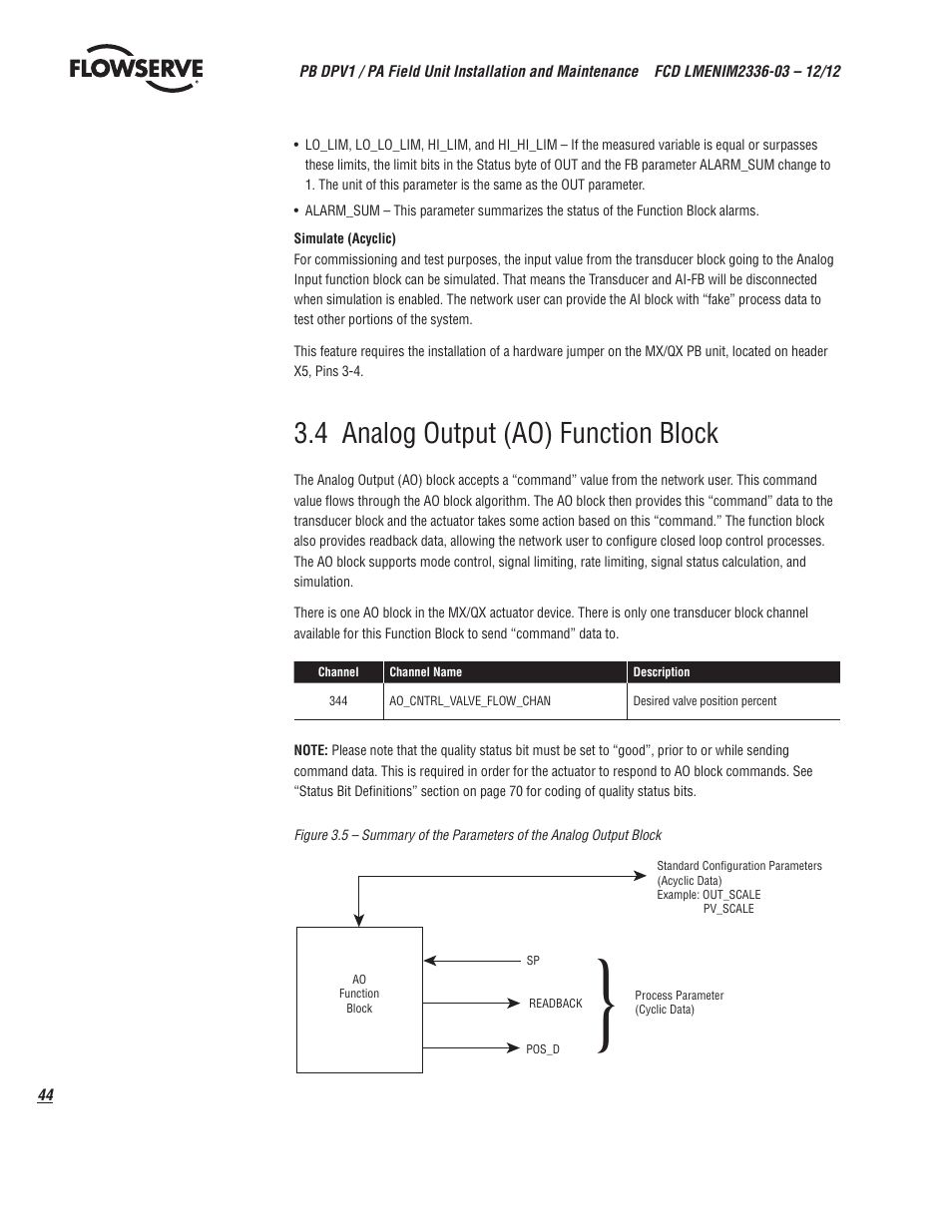 4 analog output (ao) function block | Flowserve MX/QX Profibus DP/PA Field Unit User Manual | Page 44 / 88