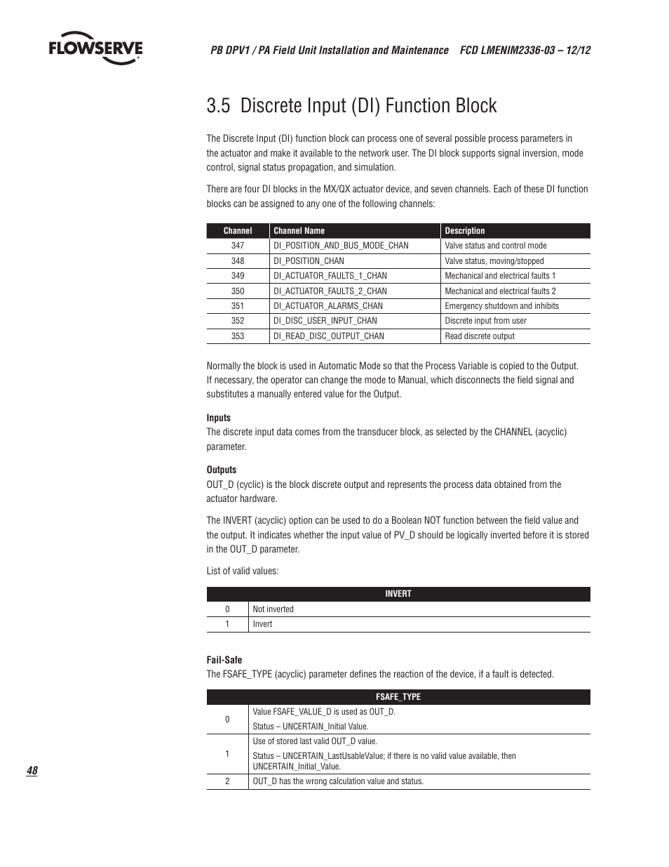 5 discrete input (di) function block | Flowserve MX/QX Profibus DP/PA Field Unit User Manual | Page 48 / 88