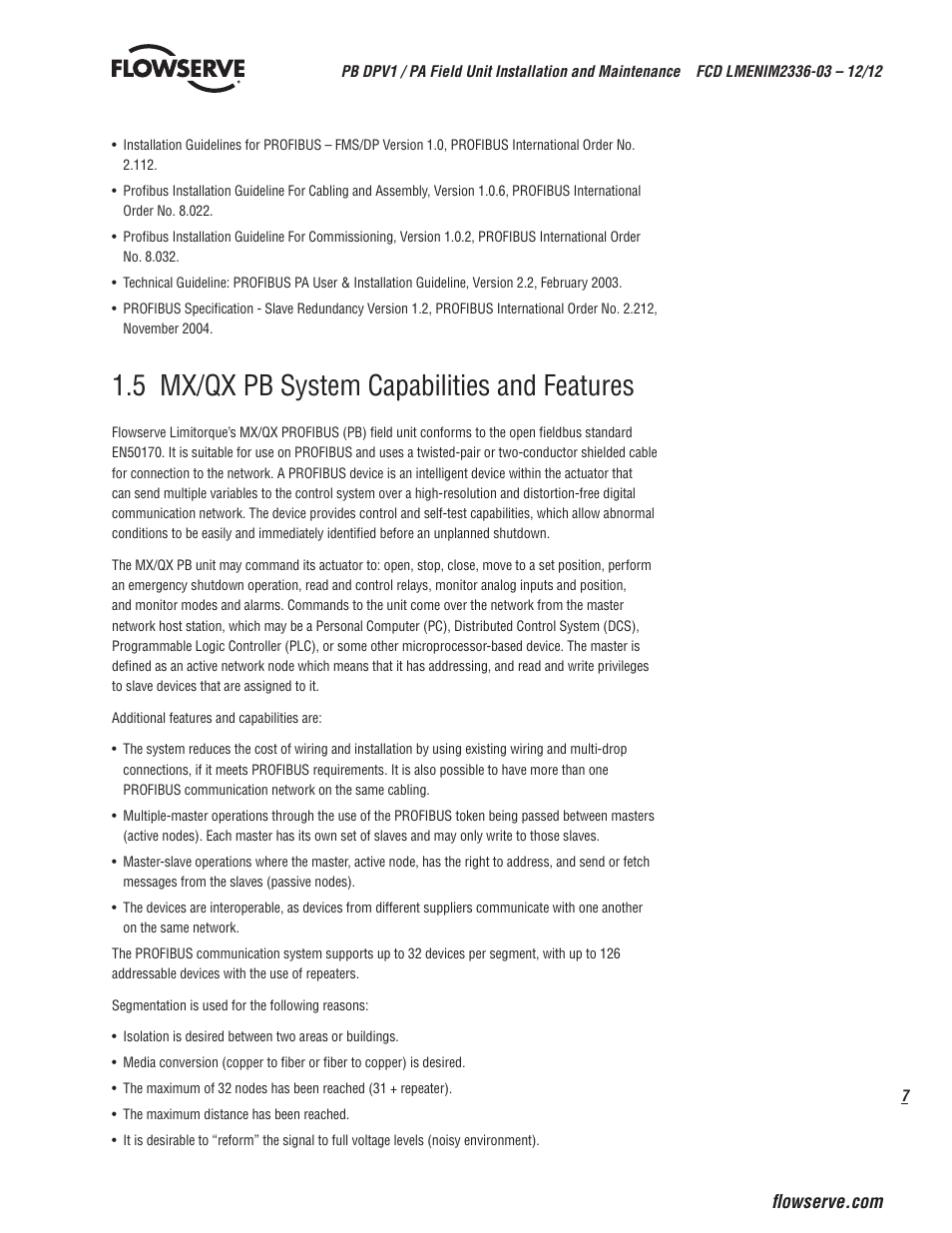 5 mx/qx pb system capabilities and features | Flowserve MX/QX Profibus DP/PA Field Unit User Manual | Page 7 / 88