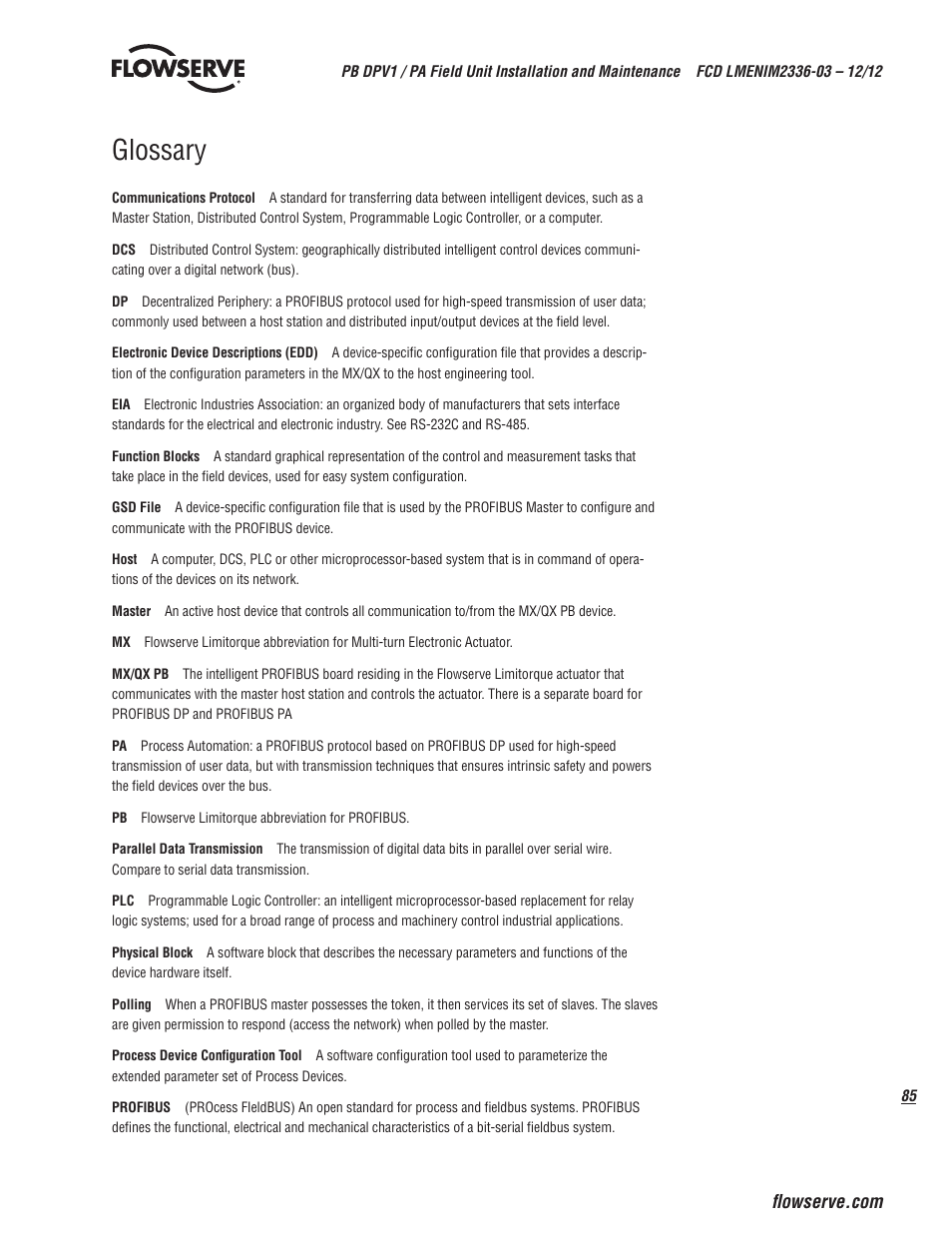 Glossary | Flowserve MX/QX Profibus DP/PA Field Unit User Manual | Page 85 / 88