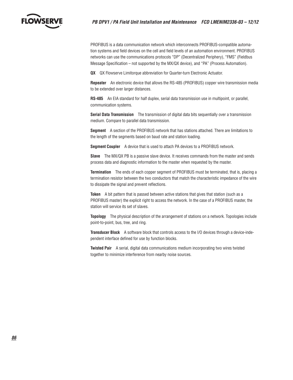 Flowserve MX/QX Profibus DP/PA Field Unit User Manual | Page 86 / 88