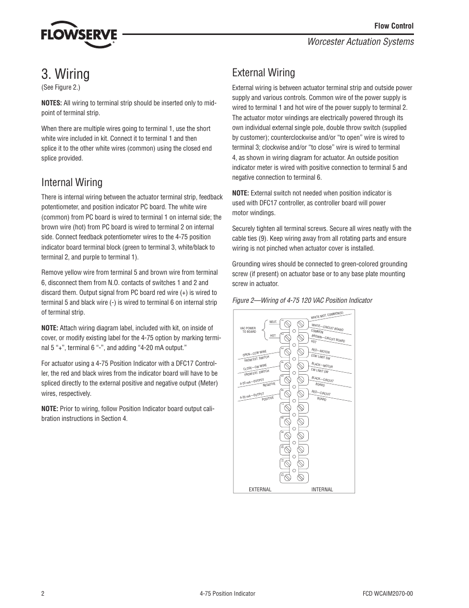 Wiring, Internal wiring, External wiring | Worcester actuation systems, Flow control | Flowserve 4-75 Position Indicator User Manual | Page 2 / 4