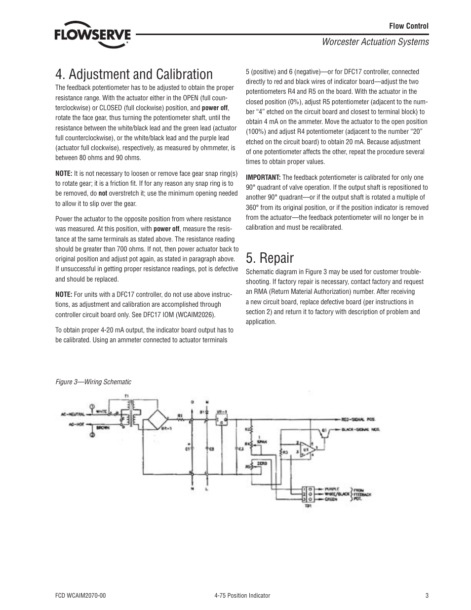 Adjustment and calibration, Repair | Flowserve 4-75 Position Indicator User Manual | Page 3 / 4