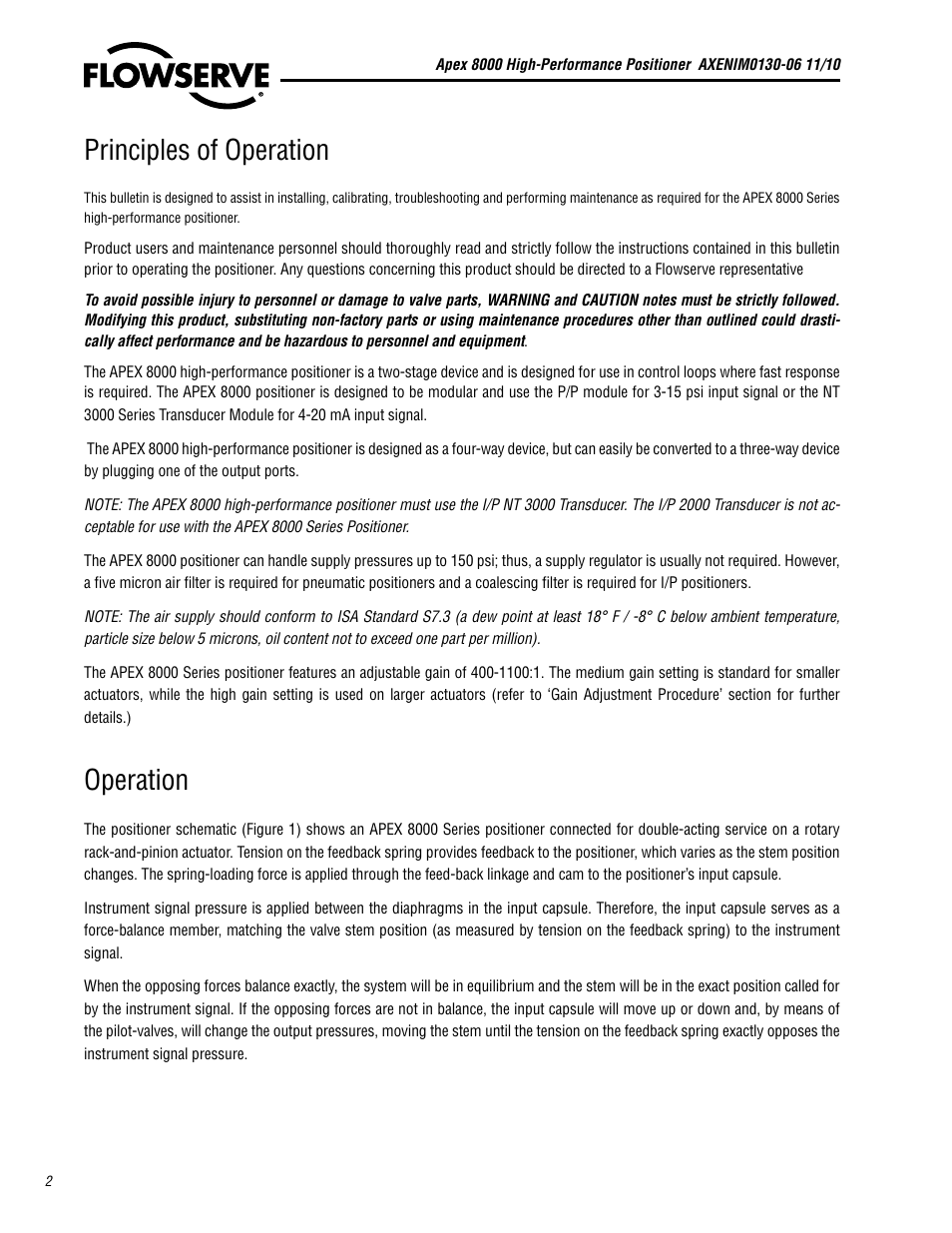 Principles of operation, Operation | Flowserve APEX 8000 High-Performance Positioner User Manual | Page 2 / 16