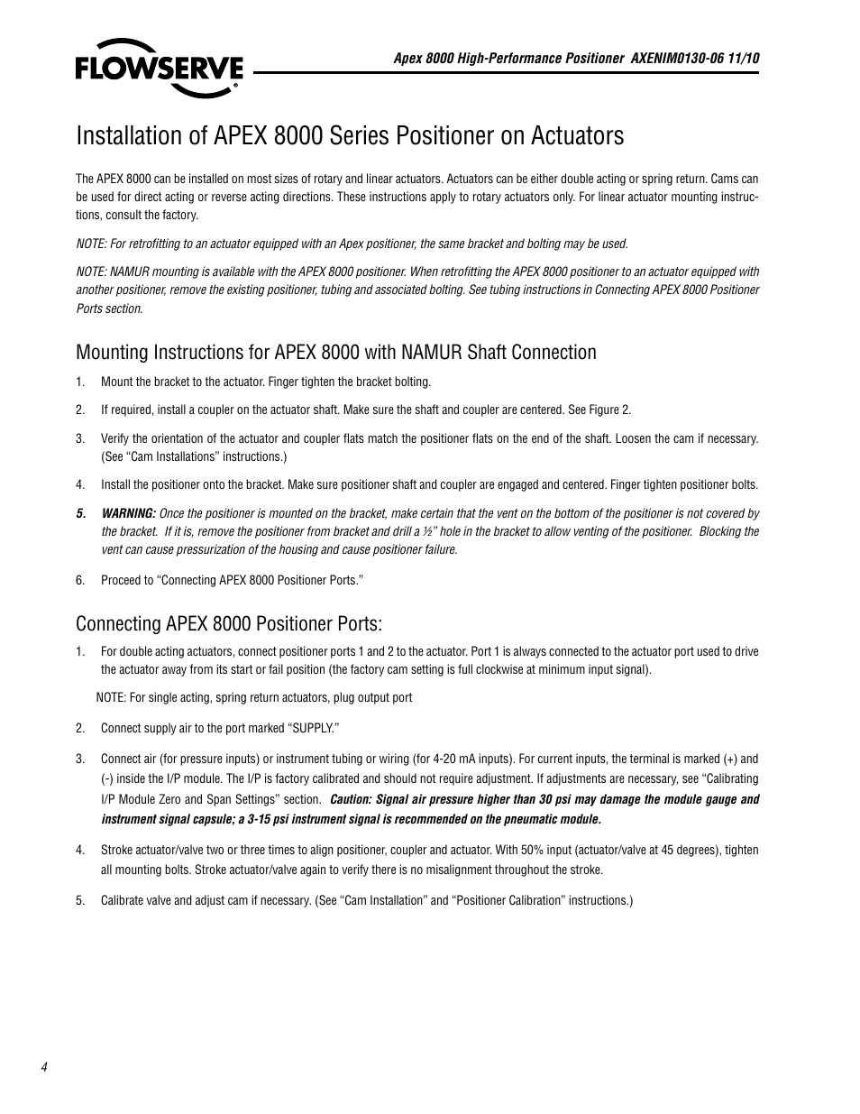 Connecting apex 8000 positioner ports | Flowserve APEX 8000 High-Performance Positioner User Manual | Page 4 / 16