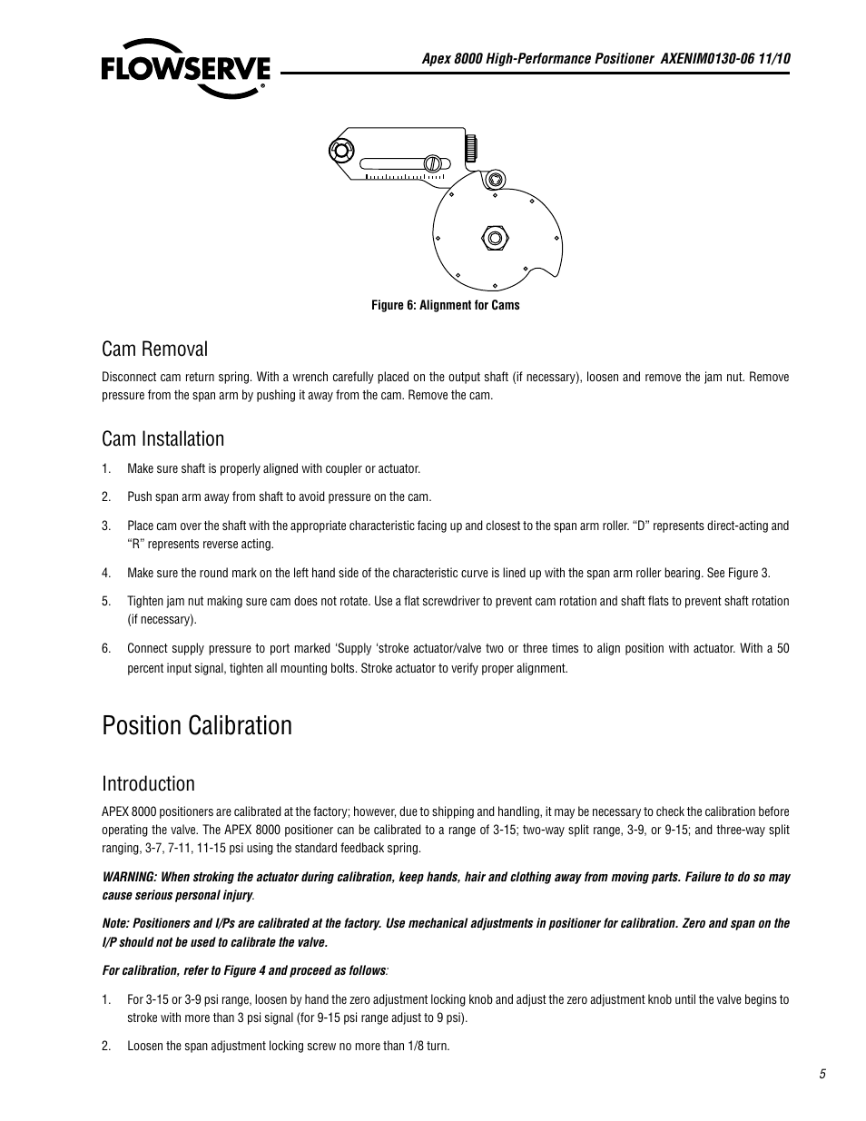 Position calibration, Cam removal, Cam installation | Introduction | Flowserve APEX 8000 High-Performance Positioner User Manual | Page 5 / 16