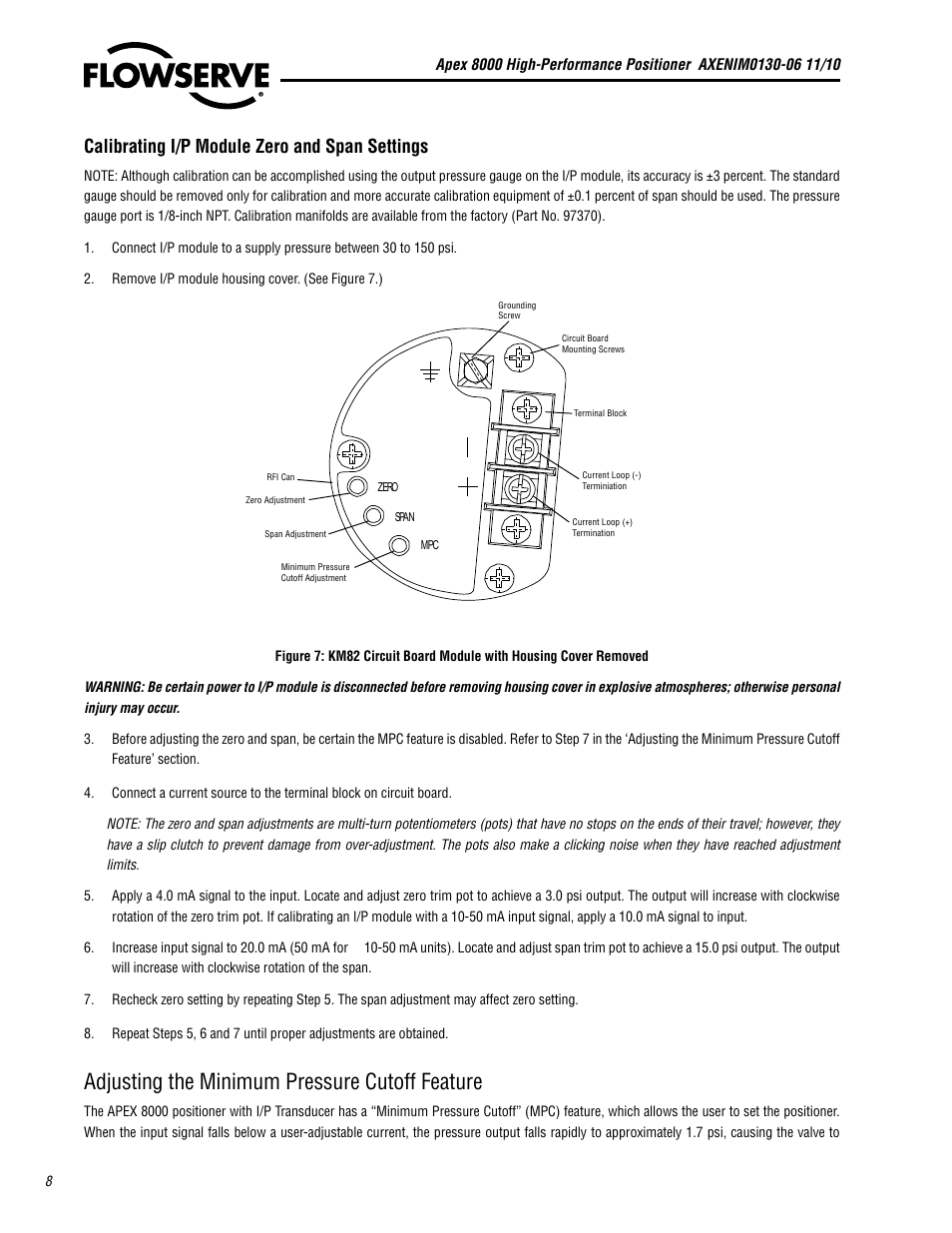 Adjusting the minimum pressure cutoff feature, Calibrating i/p module zero and span settings, Flowserve | Flowserve APEX 8000 High-Performance Positioner User Manual | Page 8 / 16