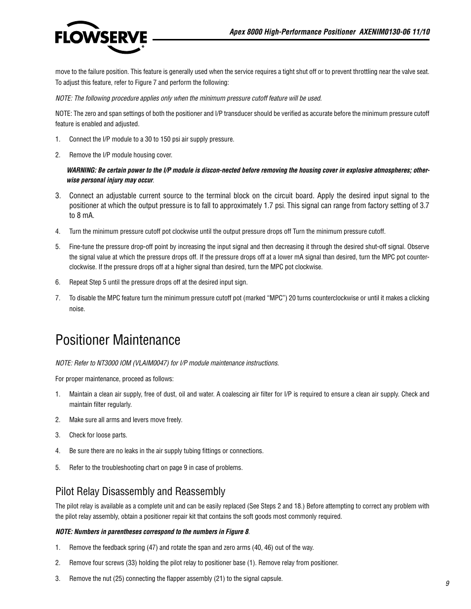 Positioner maintenance, Pilot relay disassembly and reassembly | Flowserve APEX 8000 High-Performance Positioner User Manual | Page 9 / 16