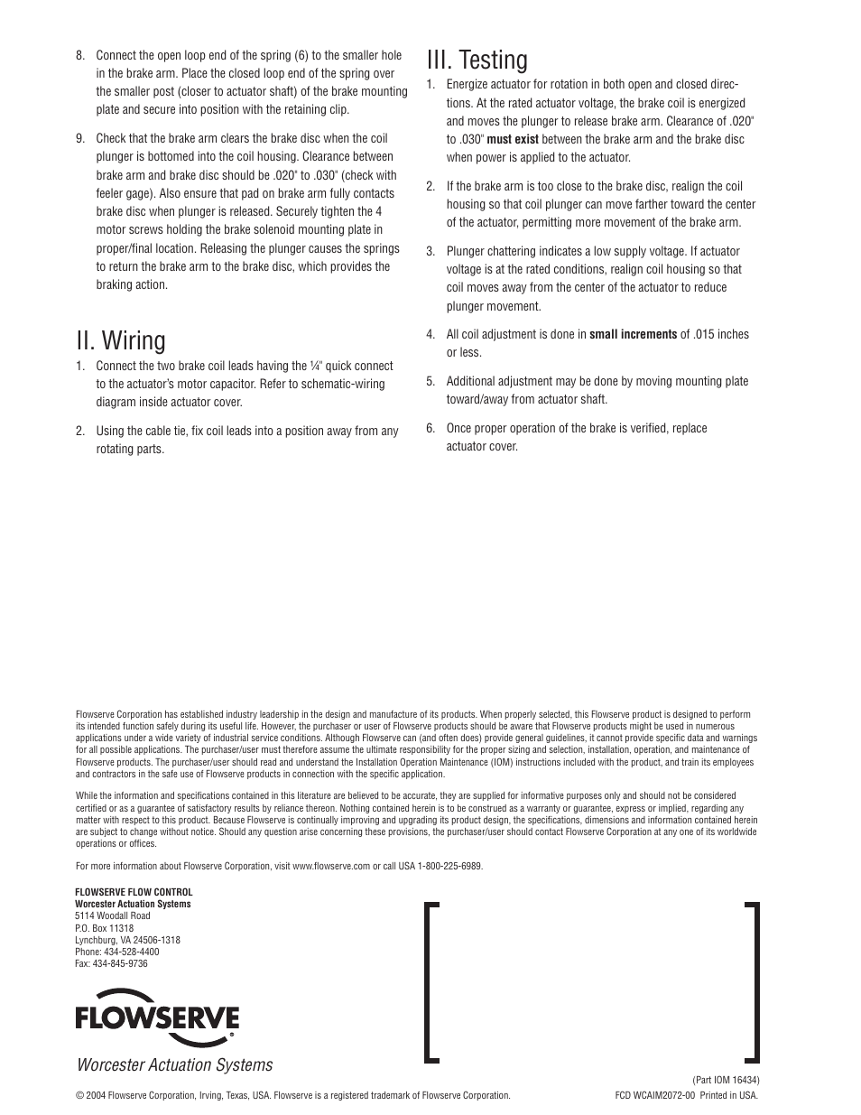 Ii. wiring, Iii. testing | Flowserve Mechanical Brake to 10-23 75 120 VAC Actuators User Manual | Page 2 / 2