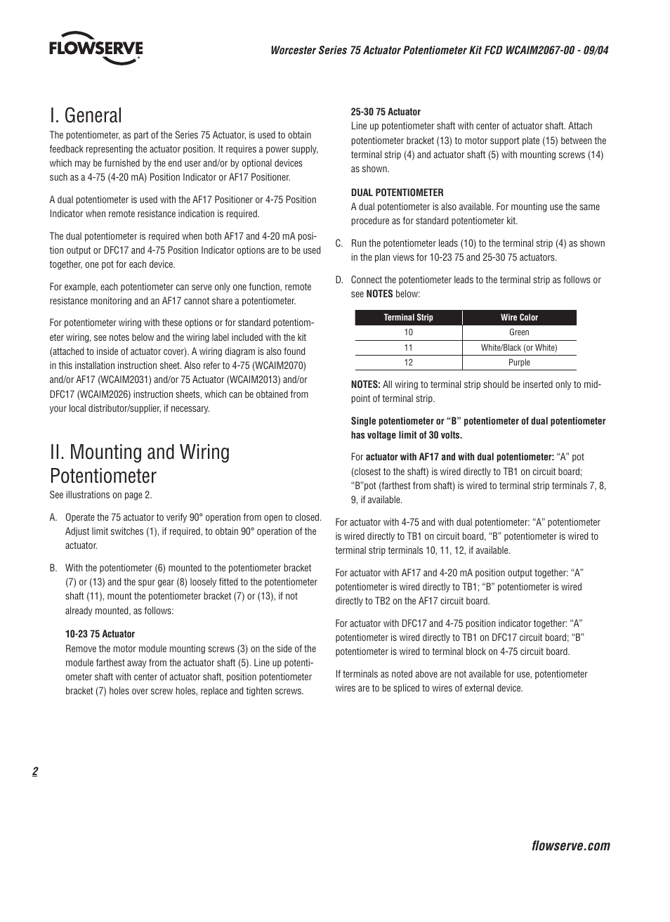 I. general, Ii. mounting and wiring potentiometer | Flowserve 75 Series Actuator User Manual | Page 2 / 8