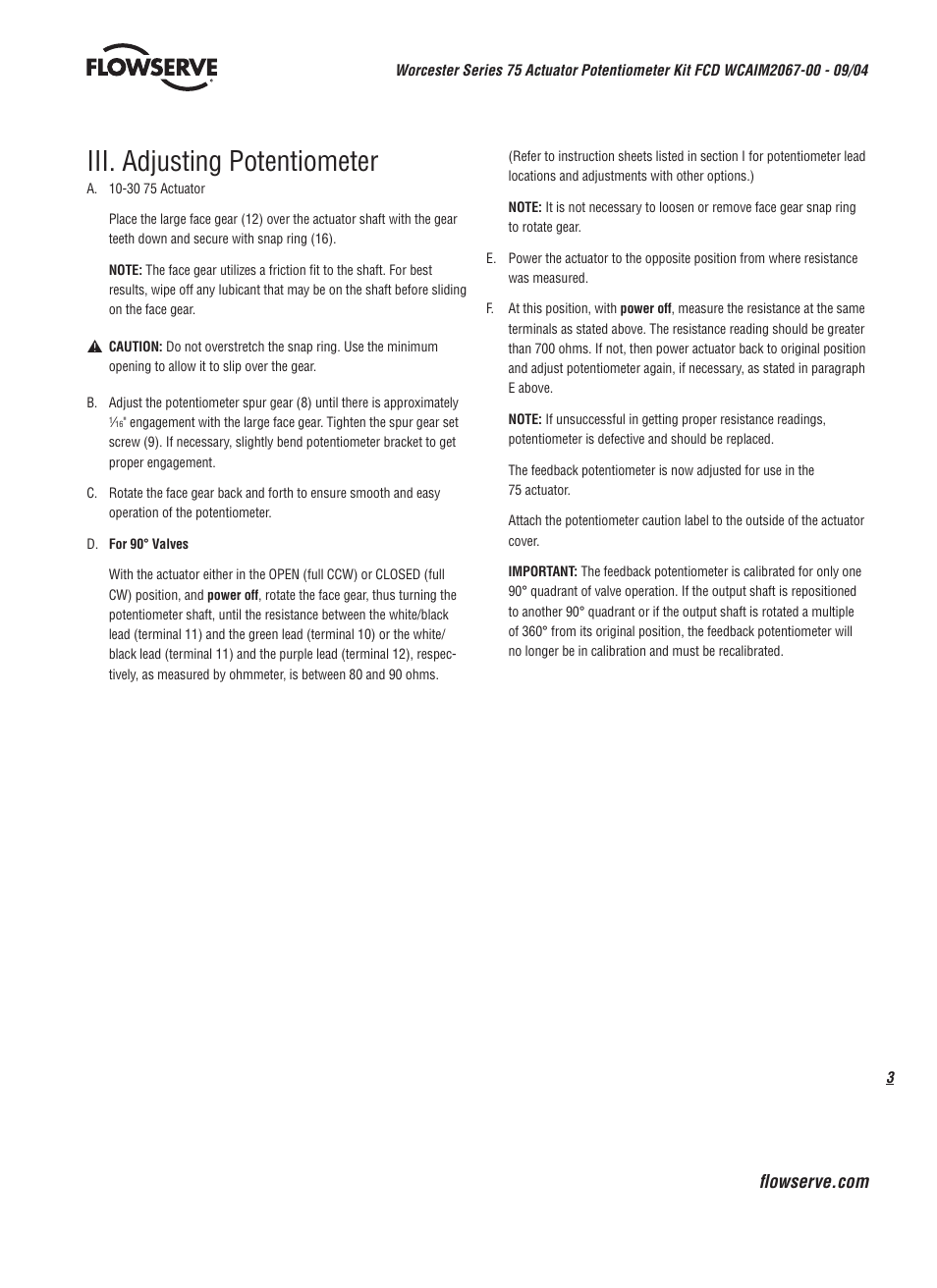 Iii. adjusting potentiometer | Flowserve 75 Series Actuator User Manual | Page 3 / 8