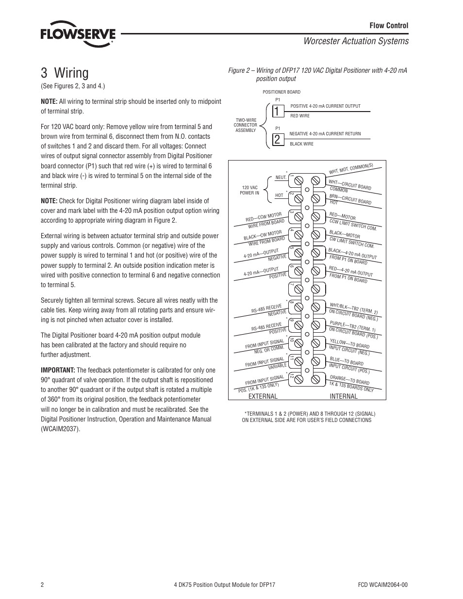 3 wiring, Worcester actuation systems, Flow control | Flowserve 4 DK75 Position Output Module for DFP17 User Manual | Page 2 / 4