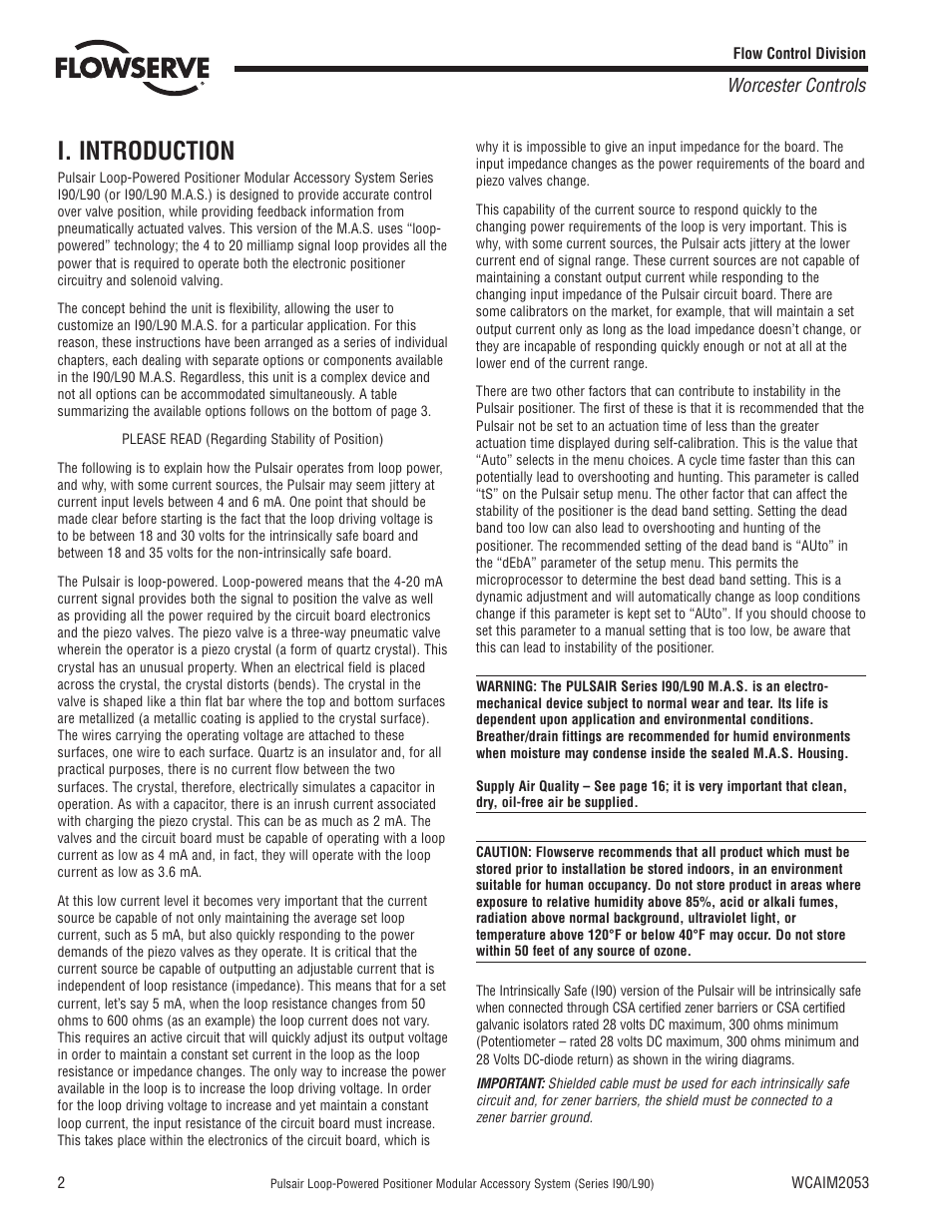 I. introduction, Worcester controls | Flowserve I90 Series User Manual | Page 2 / 24