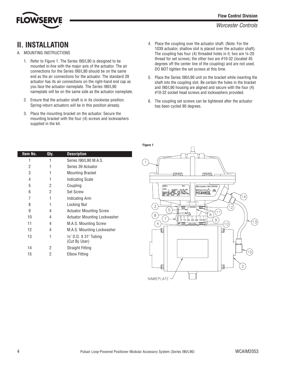 Ii. installation, Worcester controls | Flowserve I90 Series User Manual | Page 4 / 24