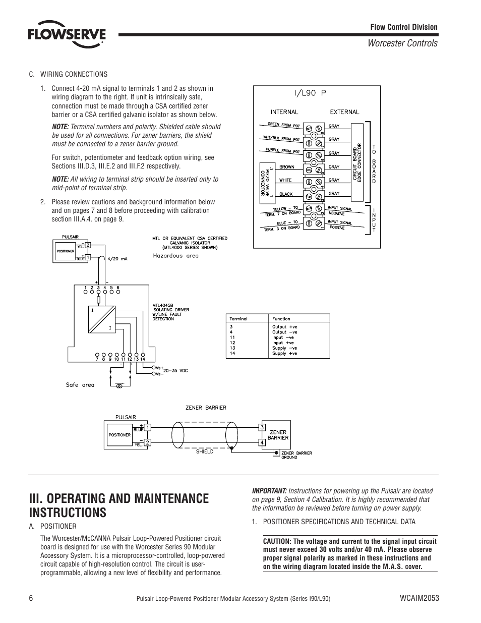 Iii. operating and maintenance instructions, Worcester controls | Flowserve I90 Series User Manual | Page 6 / 24