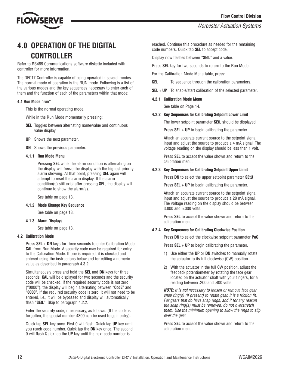 0 operation of the digital controller, Worcester actuation systems | Flowserve DFC17 User Manual | Page 12 / 28