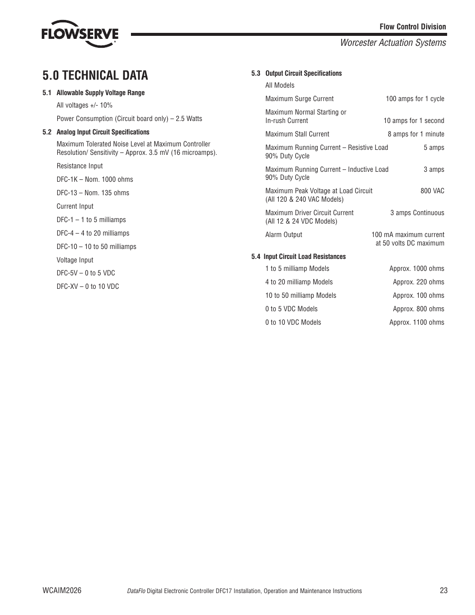 0 technical data, Worcester actuation systems | Flowserve DFC17 User Manual | Page 23 / 28