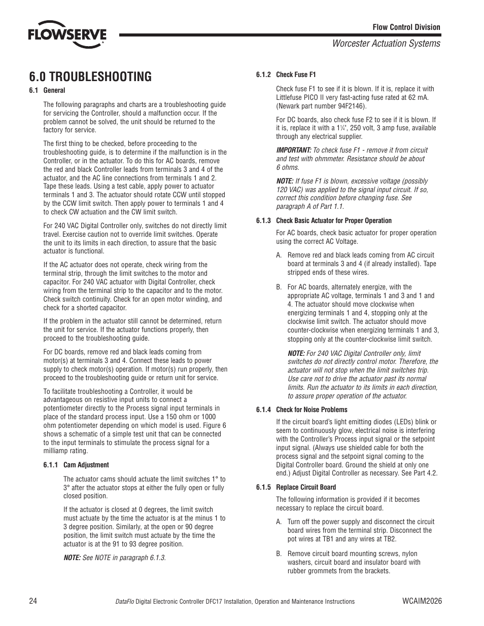 0 troubleshooting, Worcester actuation systems | Flowserve DFC17 User Manual | Page 24 / 28