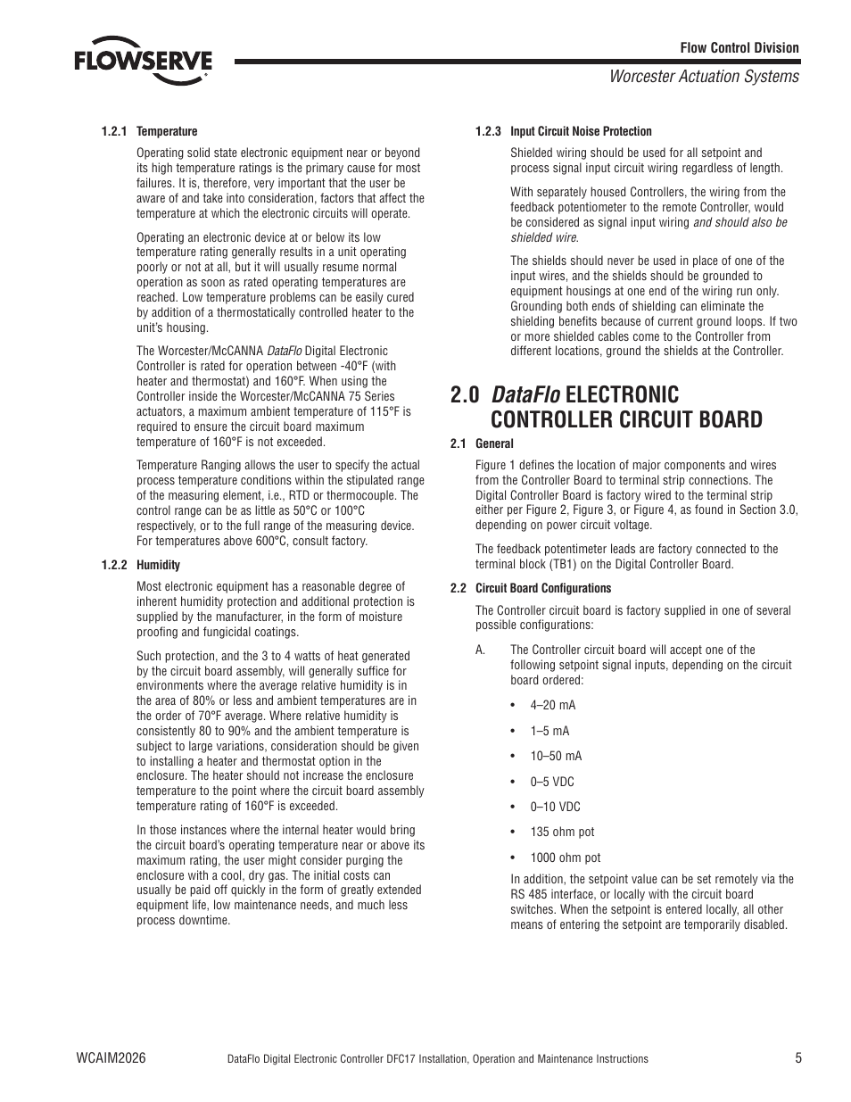 Dataflo, Electronic controller circuit board, Worcester actuation systems | Flowserve DFC17 User Manual | Page 5 / 28