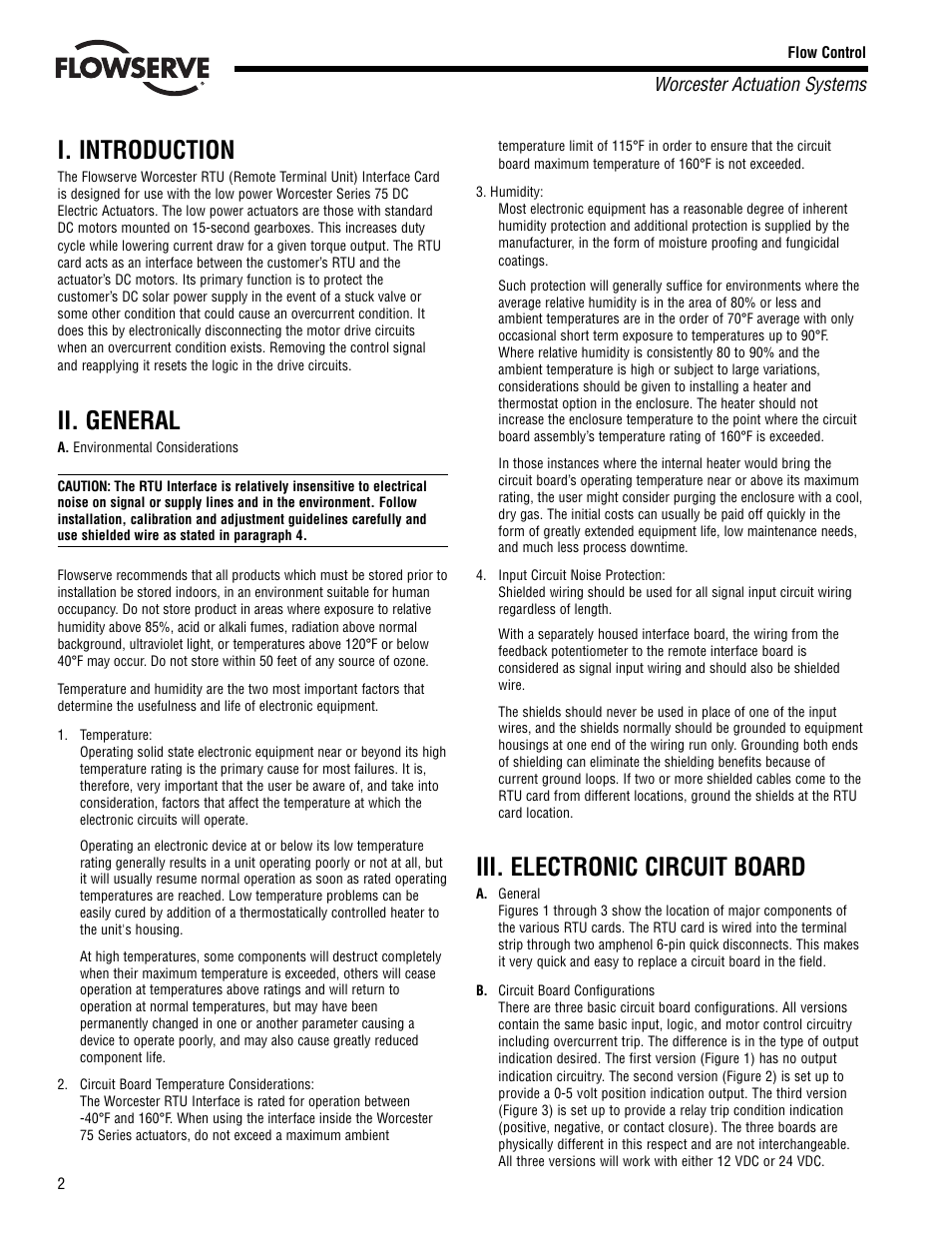 I. introduction, Ii. general, Iii. electronic circuit board | Flowserve RT92 Series User Manual | Page 2 / 8