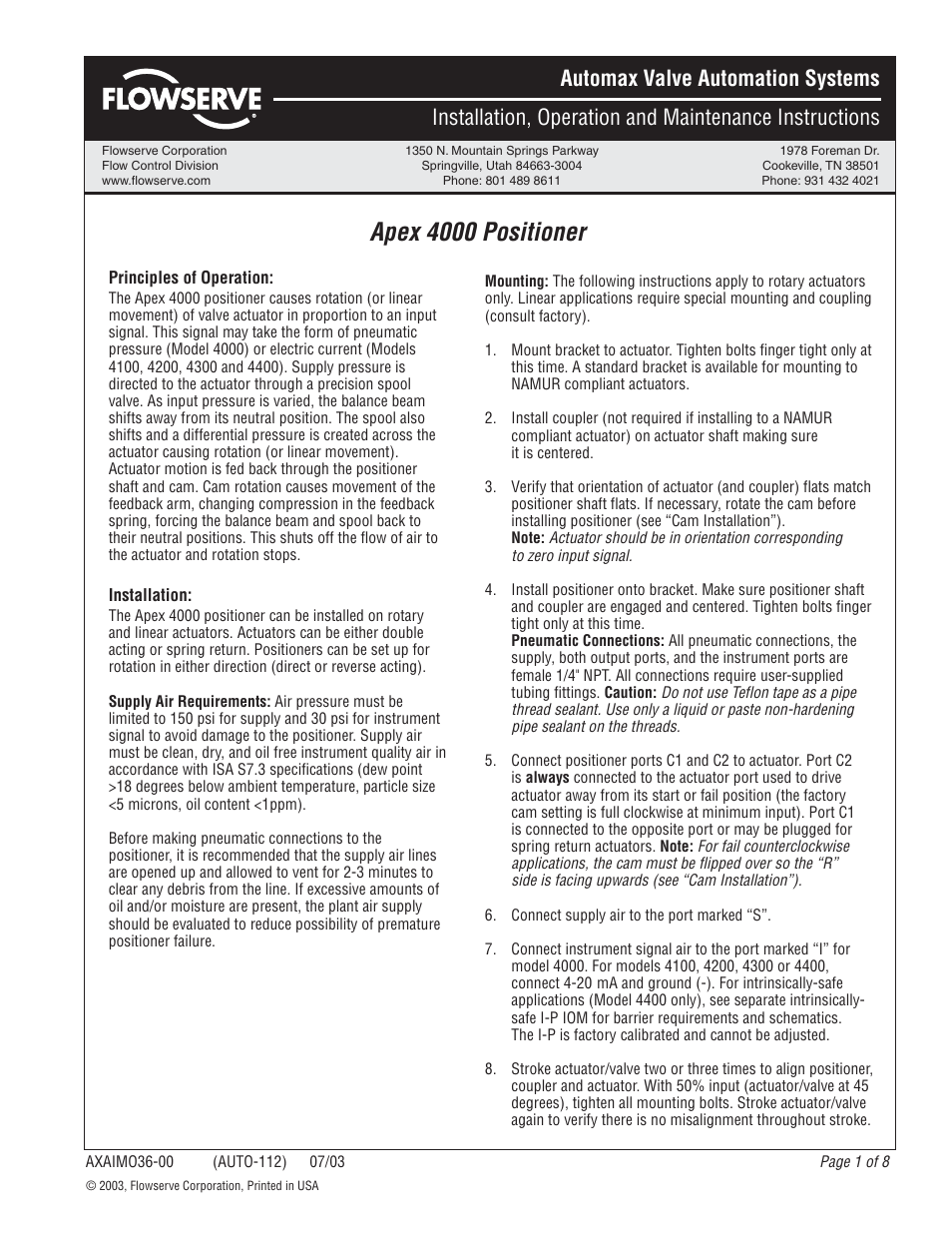 Flowserve APEX 4000 Pneumatic Positioner User Manual | 8 pages