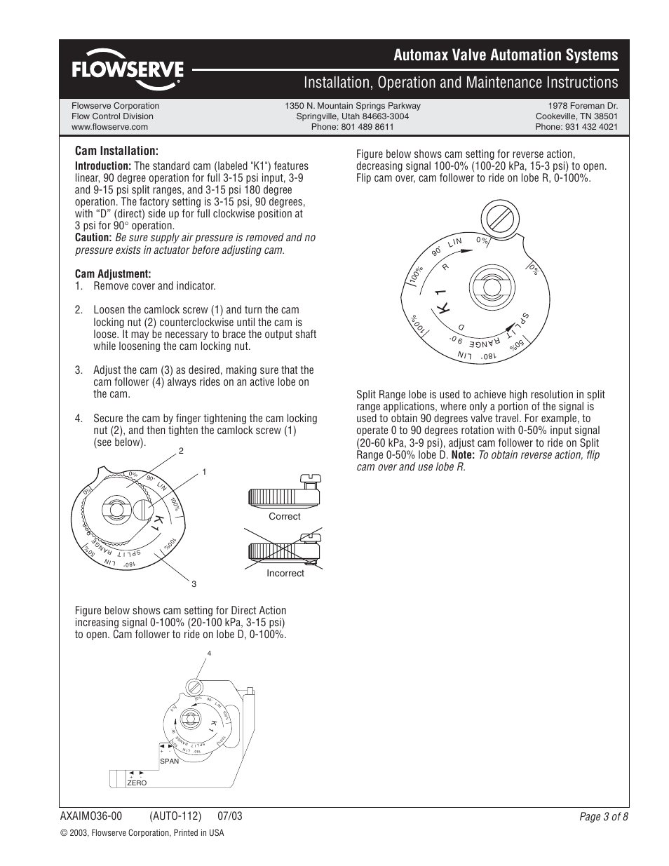 Cam installation, Correct incorrect | Flowserve APEX 4000 Pneumatic Positioner User Manual | Page 3 / 8