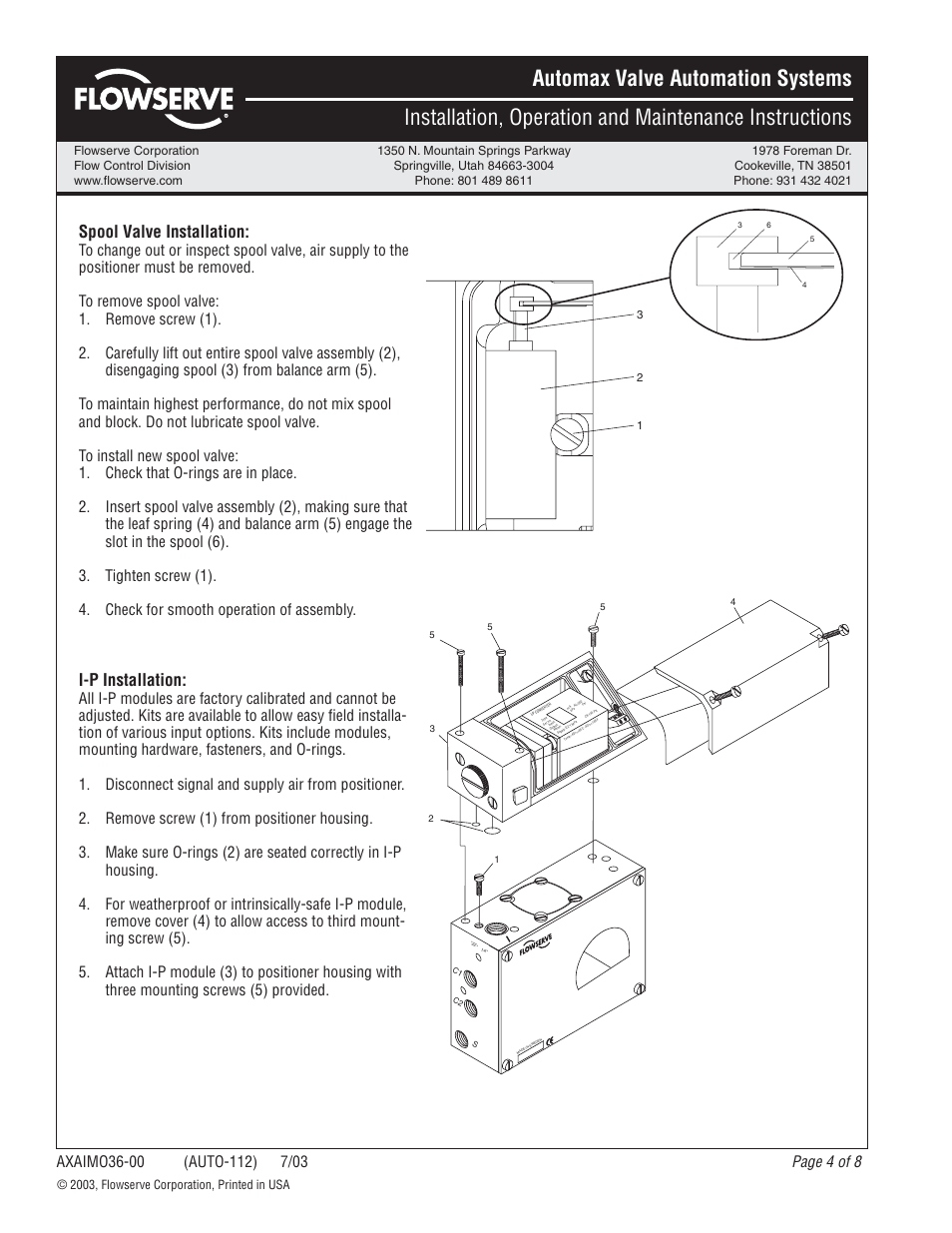 Spool valve installation, I-p installation, Page 4 of 8 | Flowserve APEX 4000 Pneumatic Positioner User Manual | Page 4 / 8