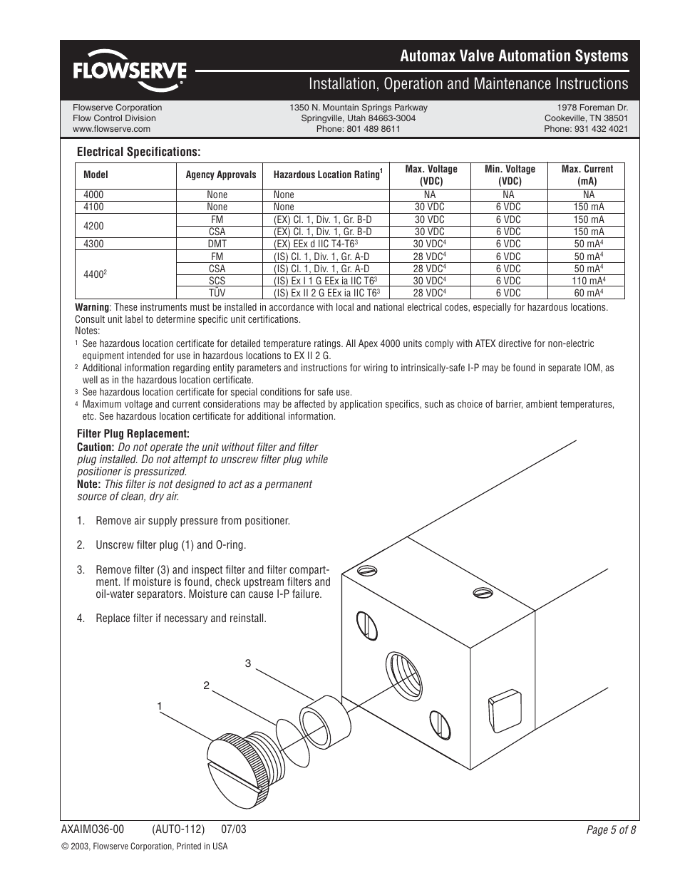 Electrical specifications | Flowserve APEX 4000 Pneumatic Positioner User Manual | Page 5 / 8