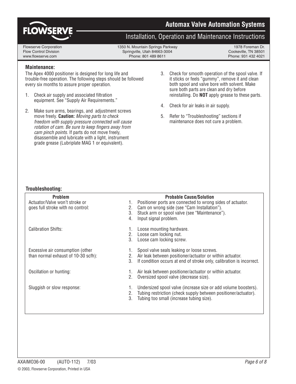 Flowserve APEX 4000 Pneumatic Positioner User Manual | Page 6 / 8