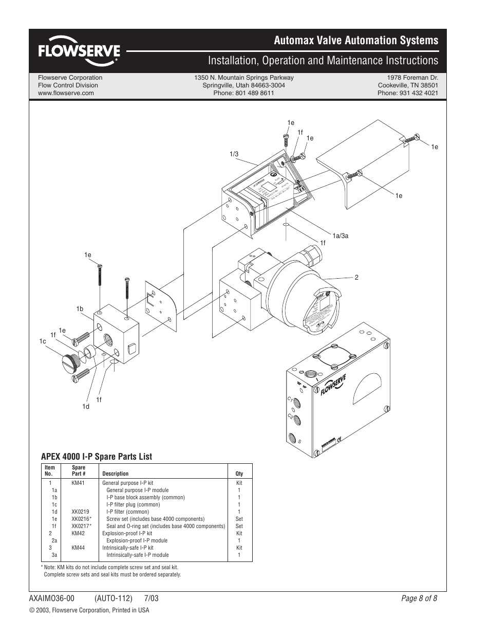 Apex 4000 i-p spare parts list, Page 8 of 8, Cl i,ii d iv 1 | 2003, flowserve corporation, printed in usa | Flowserve APEX 4000 Pneumatic Positioner User Manual | Page 8 / 8