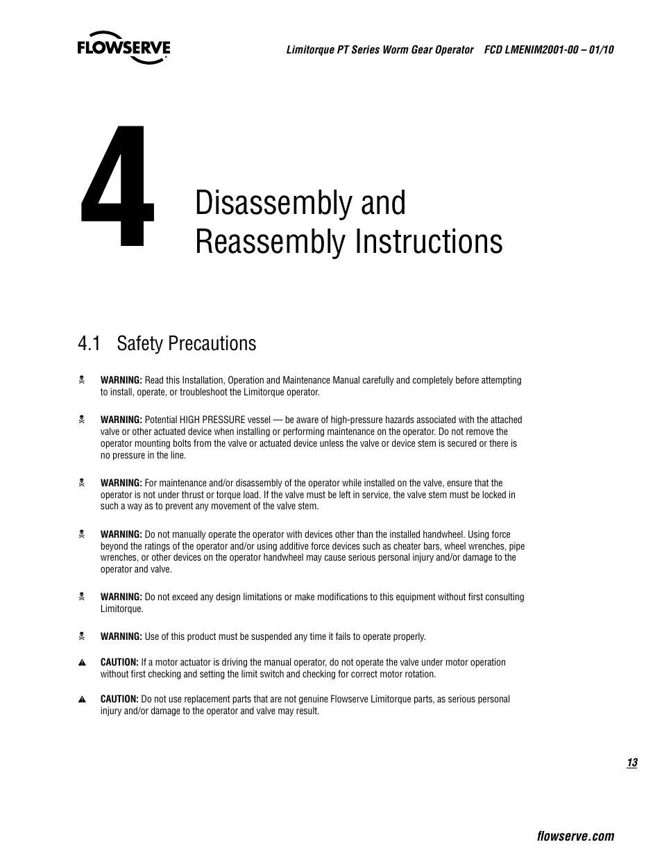 Disassembly and reassembly instructions, 1 safety precautions | Flowserve PT Series Limitorque User Manual | Page 13 / 44