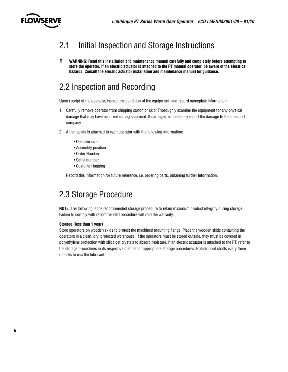 1 initial inspection and storage instructions, 2 inspection and recording, 3 storage procedure | Flowserve PT Series Limitorque User Manual | Page 6 / 44