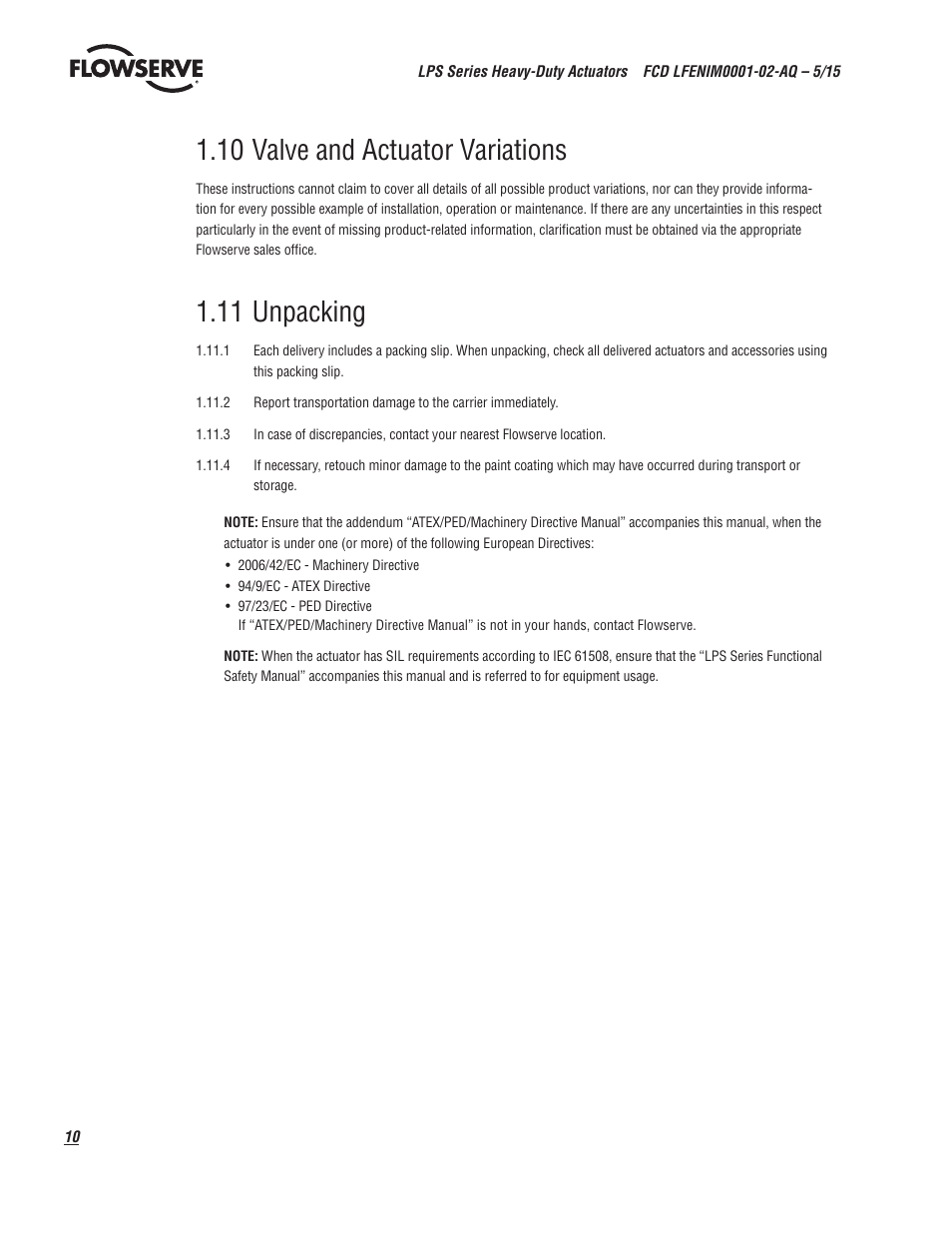 10 valve and actuator variations, 11 unpacking | Flowserve LPS Pneumatic Heavy-Duty Actuator Series User Manual | Page 10 / 32