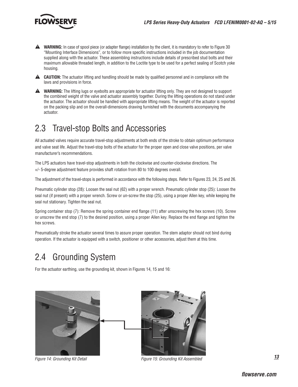 3 travel-stop bolts and accessories, 4 grounding system | Flowserve LPS Pneumatic Heavy-Duty Actuator Series User Manual | Page 13 / 32