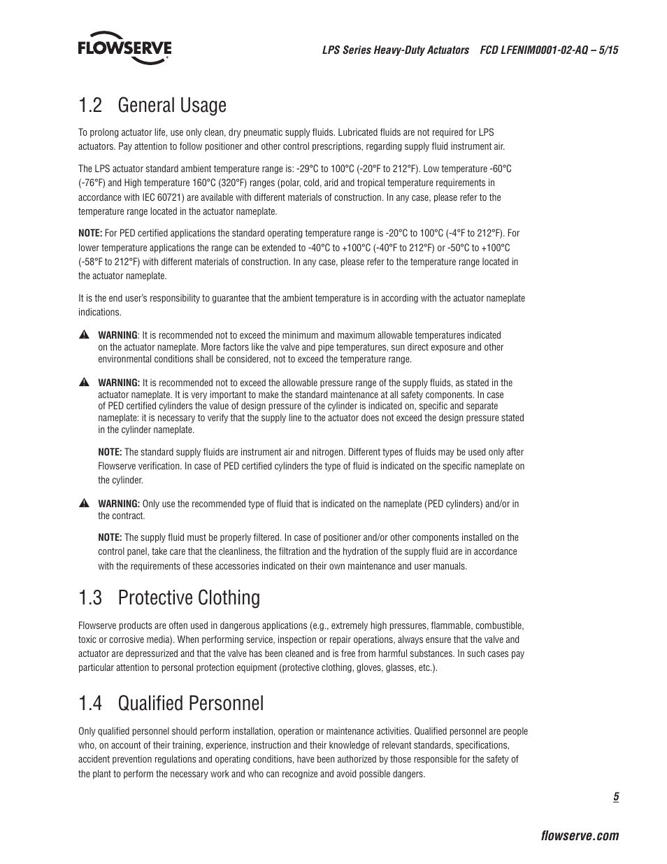 2 general usage, 3 protective clothing, 4 qualified personnel | Flowserve LPS Pneumatic Heavy-Duty Actuator Series User Manual | Page 5 / 32