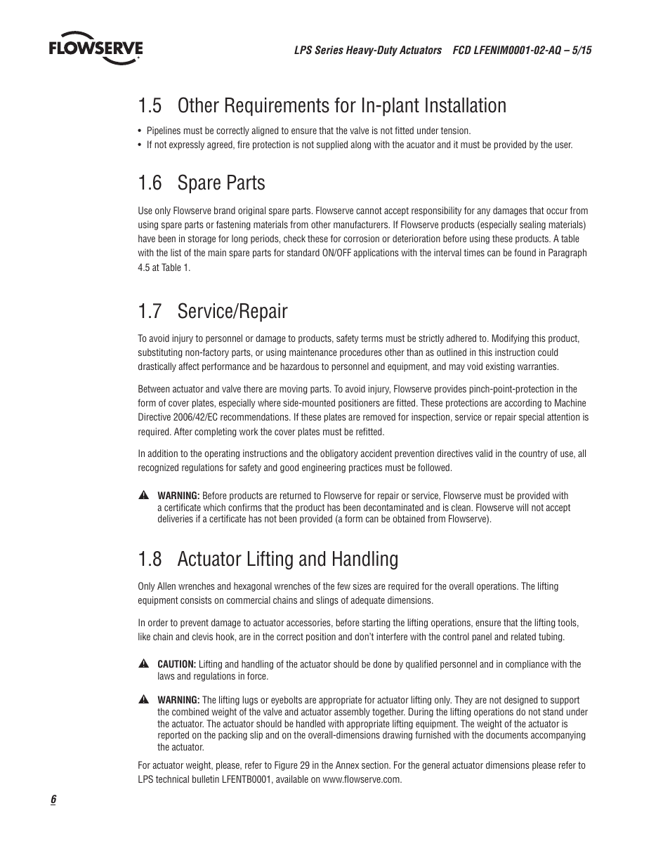 5 other requirements for in-plant installation, 6 spare parts, 7 service/repair | 8 actuator lifting and handling | Flowserve LPS Pneumatic Heavy-Duty Actuator Series User Manual | Page 6 / 32