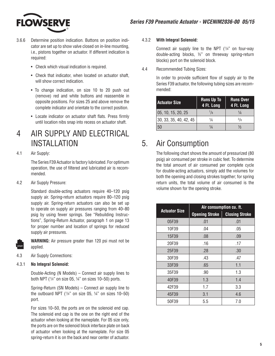 4 air supply and electrical installation, Air consumption | Flowserve F39 Series Pneumatic Actuator User Manual | Page 5 / 16