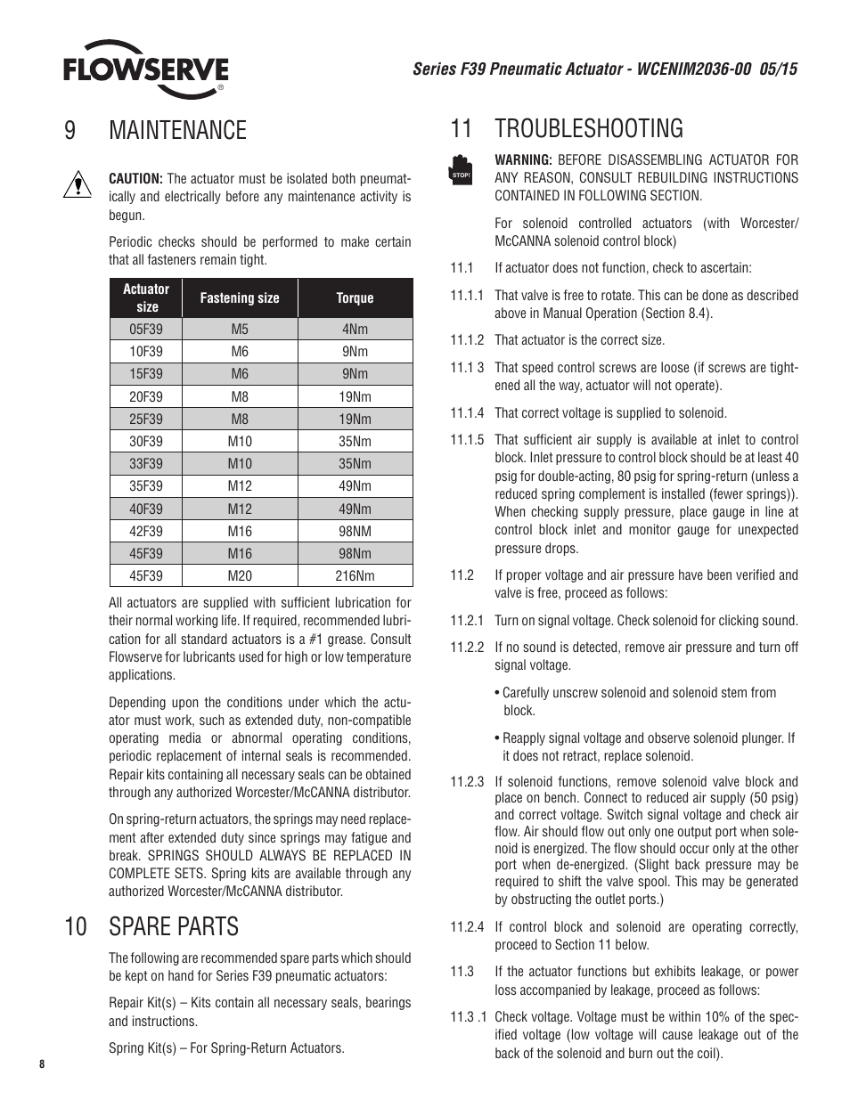 9 maintenance, 10 spare parts, 11 troubleshooting | Flowserve F39 Series Pneumatic Actuator User Manual | Page 8 / 16