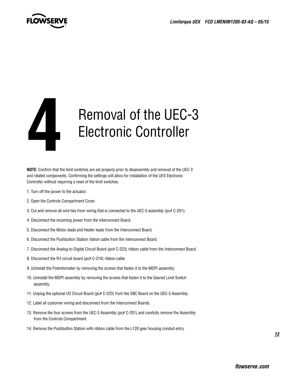 Removal of the uec-3 electronic controller | Flowserve UEX Limitorque User Manual | Page 13 / 56