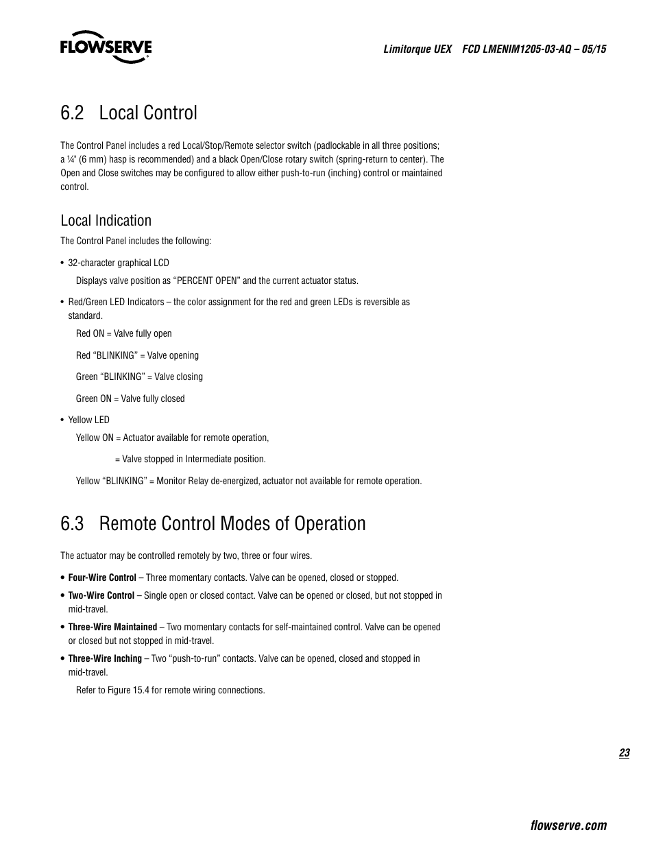 2 local control, 3 remote control modes of operation, Local indication | Flowserve UEX Limitorque User Manual | Page 23 / 56