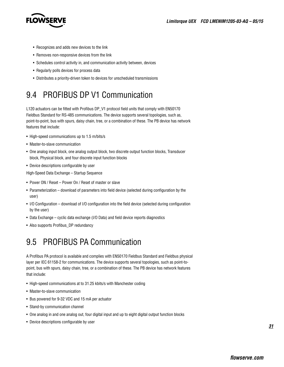 4 profibus dp v1 communication, 5 profibus pa communication | Flowserve UEX Limitorque User Manual | Page 31 / 56